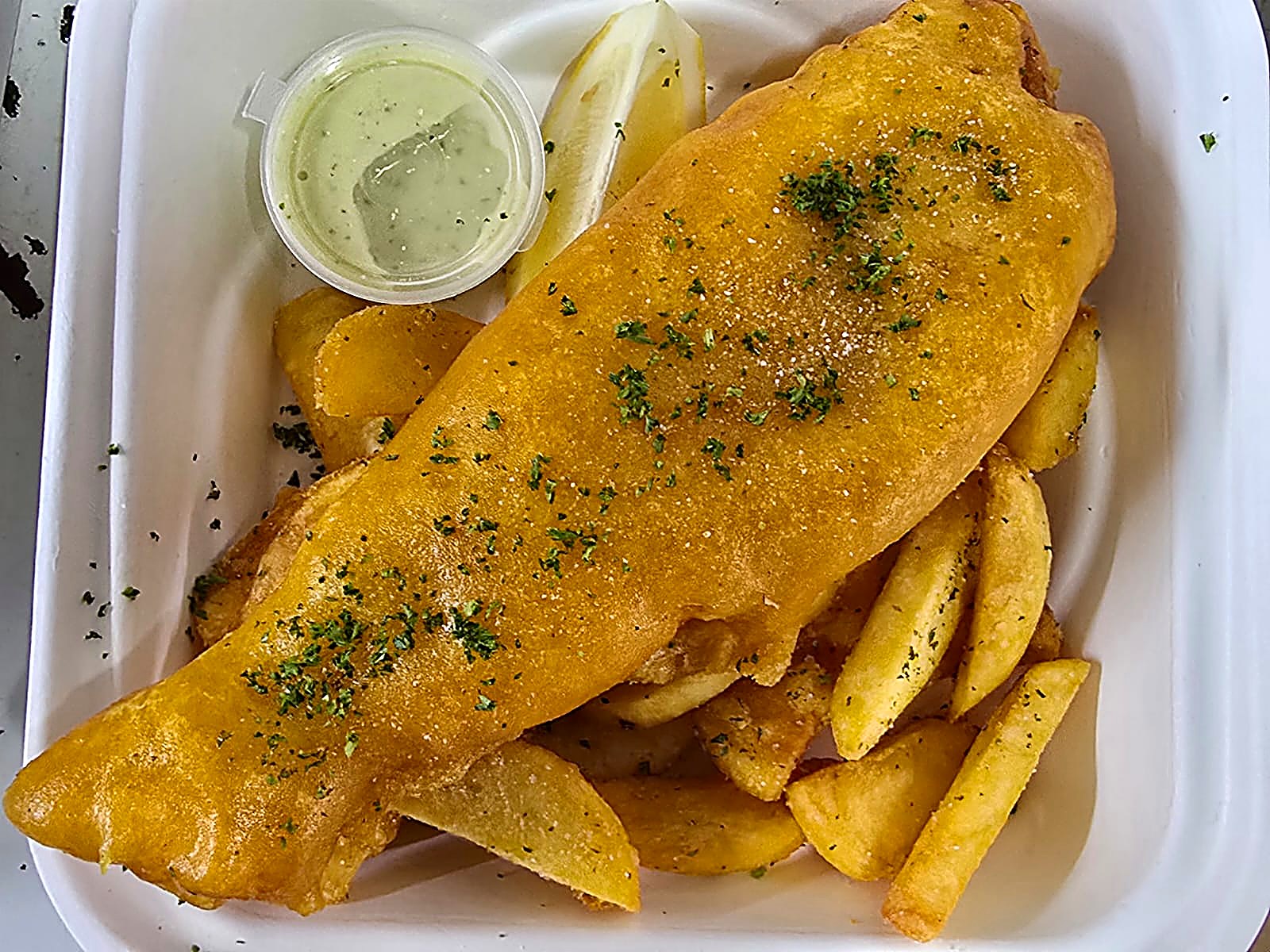 Beer-battered fish and chips at Tipene's Takeaway